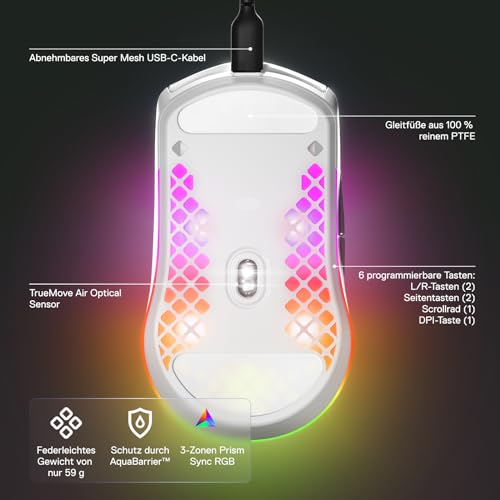 SteelSeries Aerox 3 - RGB Gaming-Mouse mit Öffnungen in der Oberfläche - Federleichtes, wasserabweisendes Design - Optischer TrueMove Core-Sensor mit 8.500 DPI - Snow Bild 4