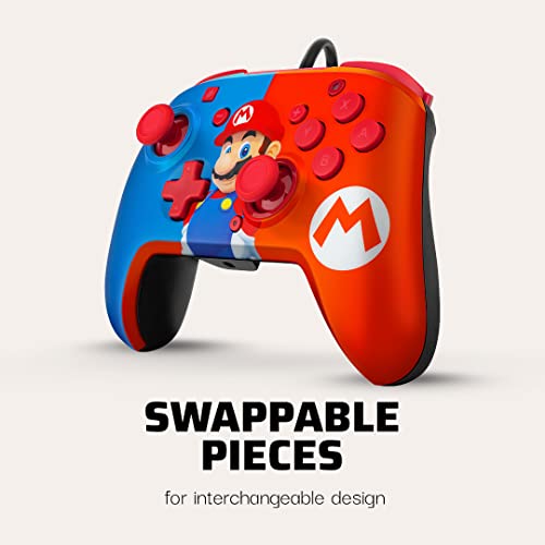 PDP Gaming Faceoff Deluxe+ verkabelt Switch Pro Controller - Offiziell lizenziert von Nintendo - Customizable gamepad buttons, sticks, triggers, and paddles - Ergonomic Controllers - rot/blau Mario Bild 2