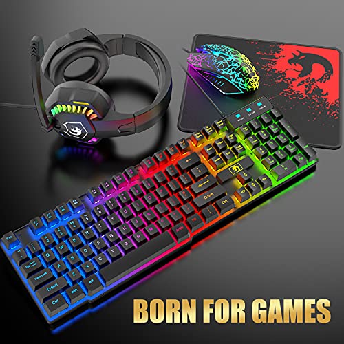 Kabelgebundene Gaming-Tastatur und Maus-Headset-Kombination, Regenbogen-LED-Hintergrundbeleuchtung, kabelgebundene Tastatur, Over-Ear-Kopfhörer mit Mikrofon, PS4, Xbox (schwarz) Bild 3