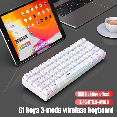 Tastatur Kabellos Gaming, 61 Tasten Bluetooth 5.0 + 2.4G Dual-Modus Ergonomische Ultrakompakte Leise 60% Tastatur mit Regenbogen Hintergrundbeleuchtung Akku für Windows Mac PC PS4 Gamer, Weiß Bild 2