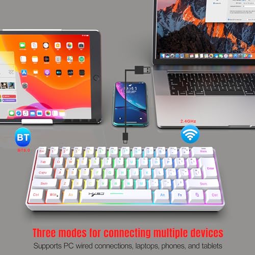 Tastatur Kabellos Gaming, 61 Tasten Bluetooth 5.0 + 2.4G Dual-Modus Ergonomische Ultrakompakte Leise 60% Tastatur mit Regenbogen Hintergrundbeleuchtung Akku für Windows Mac PC PS4 Gamer, Weiß Bild 4