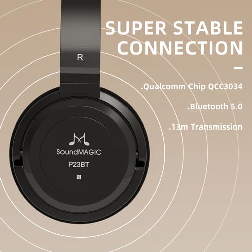 SoundMAGIC P23BT Handy On-Ear Bluetooth Headphones, CVC Noise Cancelling Microphone HiFi Sound Stable Signal Connection Long Playback Time with Detachable Cable for Gaming (Black) Bild 2