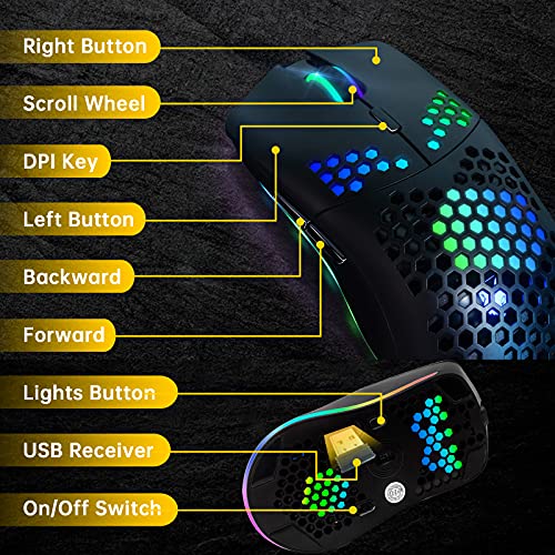 Kabellose Gaming-Maus mit Wabenhülle, 11 RGB-Chroma-Hintergrundbeleuchtung, 3400 DPI, 6 programmierte Tasten, USB-Empfänger, energiesparend, kabellose Maus für PC/Mac/Computer Bild 4