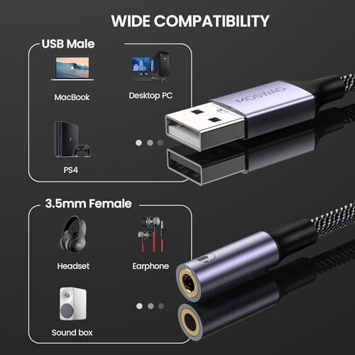 MOSWAG USB auf 3,5 mm Klinke Audio Adapter,Externe USB A Soundkarte auf 3,5 mm Aux Stereo Konverter Adapter,kompatibel mit Kopfhörer, PC, Laptop, Linux, Desktop, PS4 (Hinweis: Nicht für TV) Bild 6