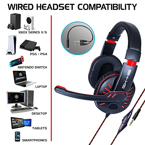 ENHANCE GX-H5 Gaming-Headset mit drehbarem Mikrofon für PC, PS4, PS5, Xbox, Switch - Weich Einstellbarer Kopfbügel, Lautstärkeregler mit geflochtenem Kabel, mitgeliefertes Splitterkabel (Rot) Bild 2