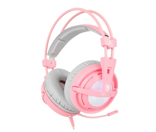 Sades A6 USB-Gaming-Headset, 7.1 Surround Sound PC, Gaming-Headset, mit Mikrofon mit Geräuschunterdrückung, LED-Lichter für Laptop, Computer und Konsolen (Rosa [Angel Edition]) Bild 2