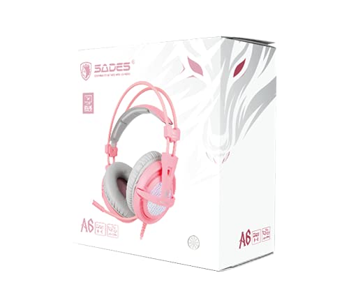 Sades A6 USB-Gaming-Headset, 7.1 Surround Sound PC, Gaming-Headset, mit Mikrofon mit Geräuschunterdrückung, LED-Lichter für Laptop, Computer und Konsolen (Rosa [Angel Edition]) Bild 5