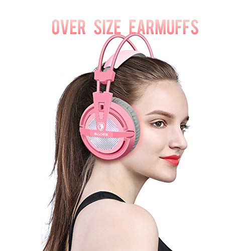 Sades A6 USB-Gaming-Headset, 7.1 Surround Sound PC, Gaming-Headset, mit Mikrofon mit Geräuschunterdrückung, LED-Lichter für Laptop, Computer und Konsolen (Rosa [Angel Edition]) Bild 6