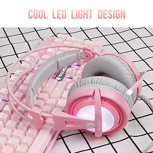 Sades A6 USB-Gaming-Headset, 7.1 Surround Sound PC, Gaming-Headset, mit Mikrofon mit Geräuschunterdrückung, LED-Lichter für Laptop, Computer und Konsolen (Rosa [Angel Edition]) Bild 7