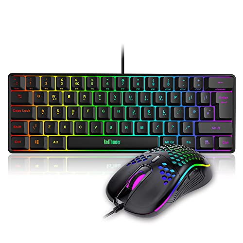 RedThunder 60 % Gaming-Tastatur und Maus, ultrakompakte 61 Tasten RGB-Hintergrundbeleuchtung, Mini-Tastatur, leichte 7200 dpi, optische Maus, PS5, Xbox Gamer (schwarz) Bild 1