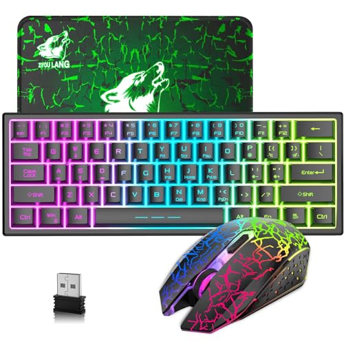 2.4GHz Tastatur Maus Gaming Set Kabellos Beleuchtet, 61 Tasten Regenbogen 3800mAh Wederaufladbare Mechanische Feel Tastatur, 2400 DPI Regenbogenlicht-LED 6 Tasten Maus, Kompatibel PC-Schwarz Bild 1