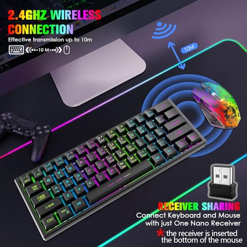 2.4GHz Tastatur Maus Gaming Set Kabellos Beleuchtet, 61 Tasten Regenbogen 3800mAh Wederaufladbare Mechanische Feel Tastatur, 2400 DPI Regenbogenlicht-LED 6 Tasten Maus, Kompatibel PC-Schwarz Bild 2