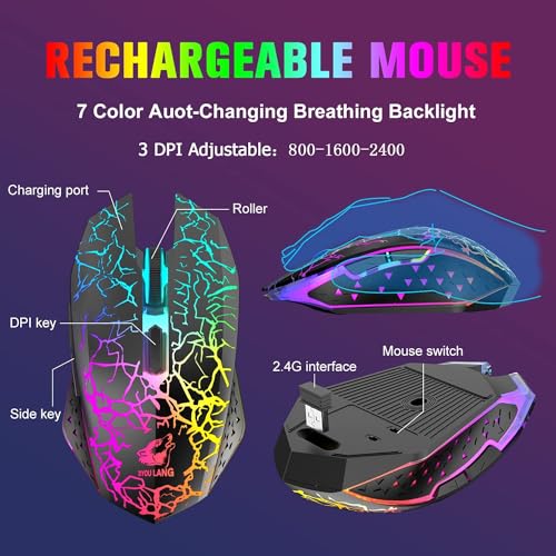 2.4GHz Tastatur Maus Gaming Set Kabellos Beleuchtet, 61 Tasten Regenbogen 3800mAh Wederaufladbare Mechanische Feel Tastatur, 2400 DPI Regenbogenlicht-LED 6 Tasten Maus, Kompatibel PC-Schwarz Bild 4