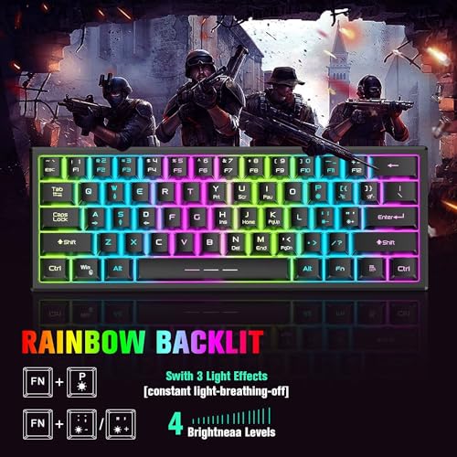 2.4GHz Tastatur Maus Gaming Set Kabellos Beleuchtet, 61 Tasten Regenbogen 3800mAh Wederaufladbare Mechanische Feel Tastatur, 2400 DPI Regenbogenlicht-LED 6 Tasten Maus, Kompatibel PC-Schwarz Bild 5