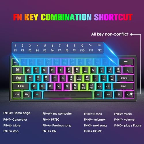 2.4GHz Tastatur Maus Gaming Set Kabellos Beleuchtet, 61 Tasten Regenbogen 3800mAh Wederaufladbare Mechanische Feel Tastatur, 2400 DPI Regenbogenlicht-LED 6 Tasten Maus, Kompatibel PC-Schwarz Bild 6
