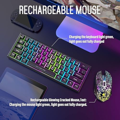 2.4GHz Tastatur Maus Gaming Set Kabellos Beleuchtet, 61 Tasten Regenbogen 3800mAh Wederaufladbare Mechanische Feel Tastatur, 2400 DPI Regenbogenlicht-LED 6 Tasten Maus, Kompatibel PC-Schwarz Bild 7