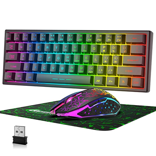 60% Kabellos Gaming Tastatur und Maus Combo Set 2,4 GHz Wiederaufladbare 3800 mAh Leise 61 Tasten Kompakttastatur mit Rainbow LED Hintergrundbeleuchtung + 2400 DPI 6 Tasten Rainbow LED Maus(Schwarz) Bild 1