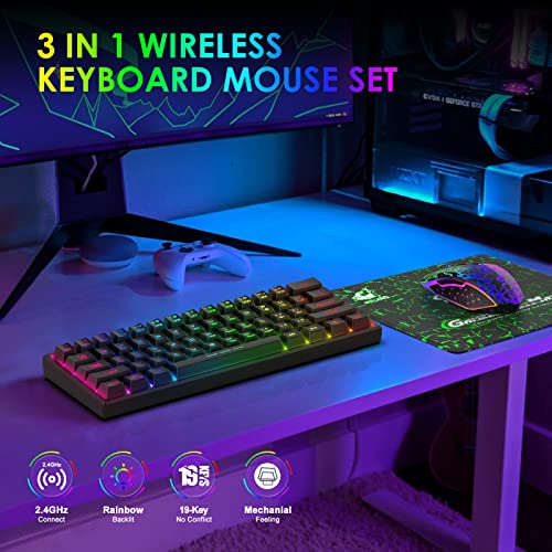60% Kabellos Gaming Tastatur und Maus Combo Set 2,4 GHz Wiederaufladbare 3800 mAh Leise 61 Tasten Kompakttastatur mit Rainbow LED Hintergrundbeleuchtung + 2400 DPI 6 Tasten Rainbow LED Maus(Schwarz) Bild 2
