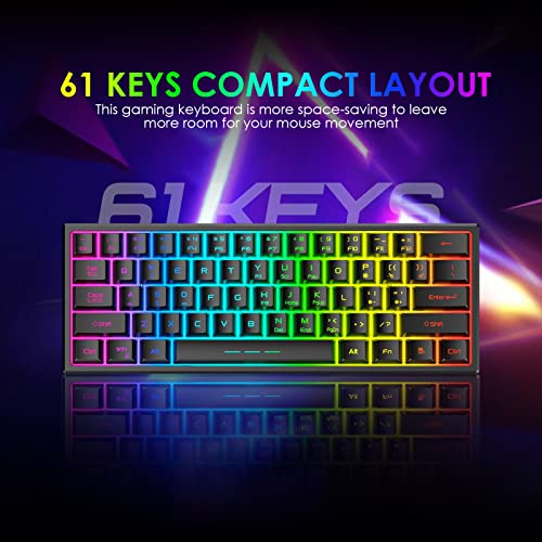 60% Kabellos Gaming Tastatur und Maus Combo Set 2,4 GHz Wiederaufladbare 3800 mAh Leise 61 Tasten Kompakttastatur mit Rainbow LED Hintergrundbeleuchtung + 2400 DPI 6 Tasten Rainbow LED Maus(Schwarz) Bild 3