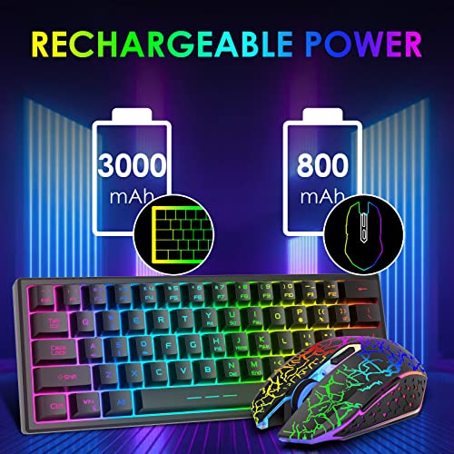 60% Kabellos Gaming Tastatur und Maus Combo Set 2,4 GHz Wiederaufladbare 3800 mAh Leise 61 Tasten Kompakttastatur mit Rainbow LED Hintergrundbeleuchtung + 2400 DPI 6 Tasten Rainbow LED Maus(Schwarz) Bild 4