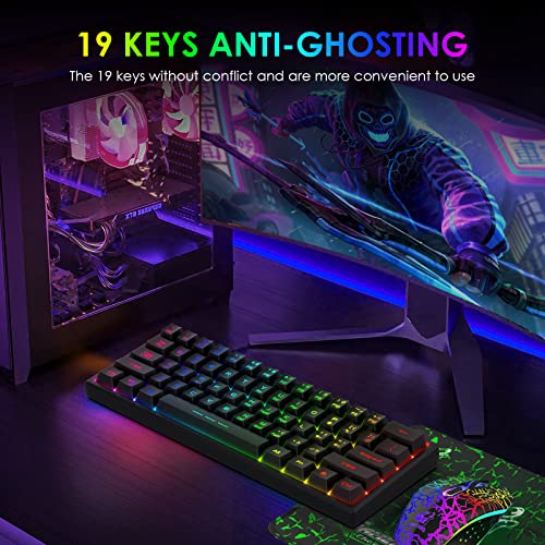 60% Kabellos Gaming Tastatur und Maus Combo Set 2,4 GHz Wiederaufladbare 3800 mAh Leise 61 Tasten Kompakttastatur mit Rainbow LED Hintergrundbeleuchtung + 2400 DPI 6 Tasten Rainbow LED Maus(Schwarz) Bild 6
