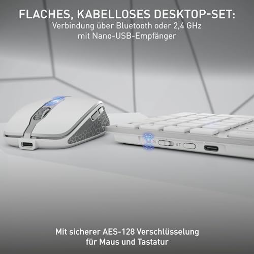 CHERRY DW 9100 Slim, Kabelloses Tastatur- und Maus-Set, Deutsches Layout (QWERTZ), Bluetooth & 2,4 GHz Funk, Leise Tasten, Wiederaufladbar, Weiß-Silber Bild 2