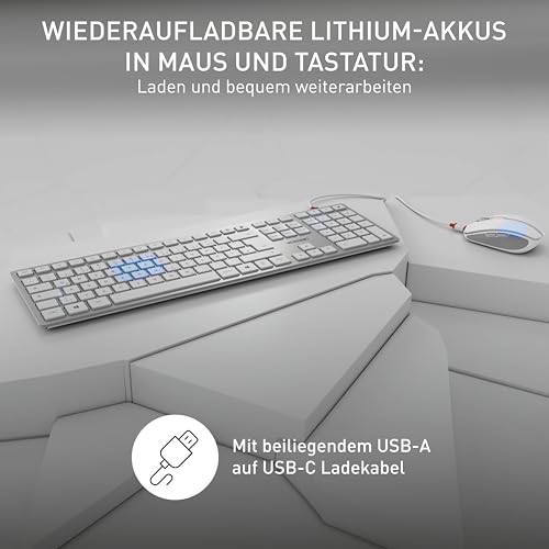 CHERRY DW 9100 Slim, Kabelloses Tastatur- und Maus-Set, Deutsches Layout (QWERTZ), Bluetooth & 2,4 GHz Funk, Leise Tasten, Wiederaufladbar, Weiß-Silber Bild 3