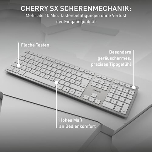CHERRY DW 9100 Slim, Kabelloses Tastatur- und Maus-Set, Deutsches Layout (QWERTZ), Bluetooth & 2,4 GHz Funk, Leise Tasten, Wiederaufladbar, Weiß-Silber Bild 4