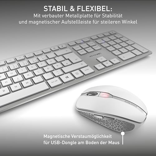 CHERRY DW 9100 Slim, Kabelloses Tastatur- und Maus-Set, Deutsches Layout (QWERTZ), Bluetooth & 2,4 GHz Funk, Leise Tasten, Wiederaufladbar, Weiß-Silber Bild 6