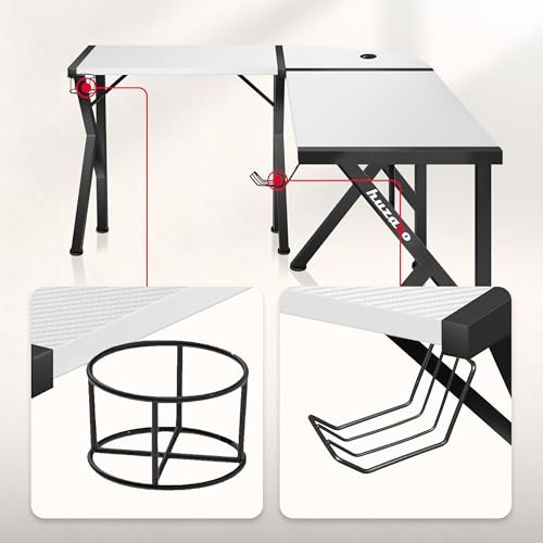 huzaro Hero 6.3 Gaming Schreibtisch L Form - Eckschreibtisch für PC Setups - Carbon Oberfläche - Kabeldurchlass - Getränkehalter - Headset Halter - beidseitig montierbar - stabil - 154 x 117 - Weiß Bild 4