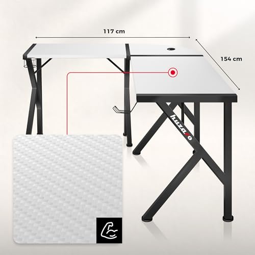 huzaro Hero 6.3 Gaming Schreibtisch L Form - Eckschreibtisch für PC Setups - Carbon Oberfläche - Kabeldurchlass - Getränkehalter - Headset Halter - beidseitig montierbar - stabil - 154 x 117 - Weiß Bild 6