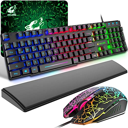 Gaming Tastatur und Maus mit Handballenauflage, QWERTZ Deutsches Layout Regenbogen LED Hintergrundbeleuchtung Ergonomische Keyboard 6 Tasten 2400 DPI Maus und Mauspad für Windows Mac PS4, Schwarz Bild 1