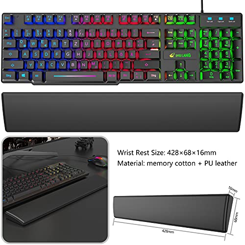 Gaming Tastatur und Maus mit Handballenauflage, QWERTZ Deutsches Layout Regenbogen LED Hintergrundbeleuchtung Ergonomische Keyboard 6 Tasten 2400 DPI Maus und Mauspad für Windows Mac PS4, Schwarz Bild 2