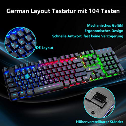 Gaming Tastatur und Maus mit Handballenauflage, QWERTZ Deutsches Layout Regenbogen LED Hintergrundbeleuchtung Ergonomische Keyboard 6 Tasten 2400 DPI Maus und Mauspad für Windows Mac PS4, Schwarz Bild 3