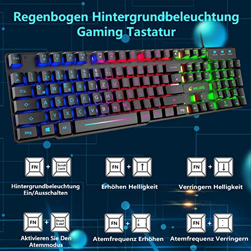 Gaming Tastatur und Maus mit Handballenauflage, QWERTZ Deutsches Layout Regenbogen LED Hintergrundbeleuchtung Ergonomische Keyboard 6 Tasten 2400 DPI Maus und Mauspad für Windows Mac PS4, Schwarz Bild 4