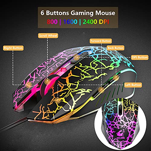 Gaming Tastatur und Maus mit Handballenauflage, QWERTZ Deutsches Layout Regenbogen LED Hintergrundbeleuchtung Ergonomische Keyboard 6 Tasten 2400 DPI Maus und Mauspad für Windows Mac PS4, Schwarz Bild 5