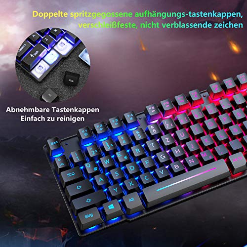 Gaming Tastatur und Maus mit Handballenauflage, QWERTZ Deutsches Layout Regenbogen LED Hintergrundbeleuchtung Ergonomische Keyboard 6 Tasten 2400 DPI Maus und Mauspad für Windows Mac PS4, Schwarz Bild 6