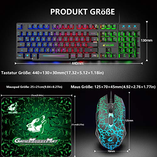 Gaming Tastatur und Maus mit Handballenauflage, QWERTZ Deutsches Layout Regenbogen LED Hintergrundbeleuchtung Ergonomische Keyboard 6 Tasten 2400 DPI Maus und Mauspad für Windows Mac PS4, Schwarz Bild 7