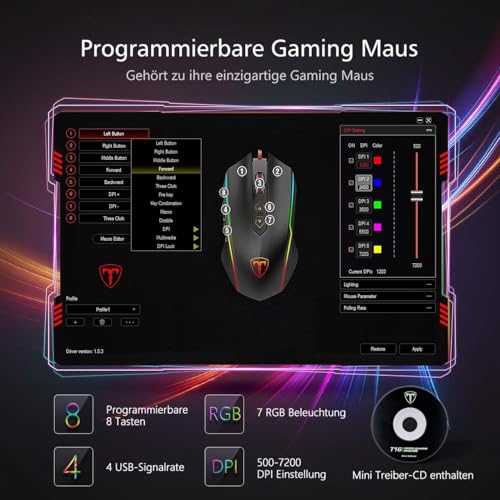 RGB Gaming Maus,Gamer Maus mit 8 Programmierbare Tasten 7200DPI/RGB-Beleuchtung/Anpassbare Spielprofile,USB-Wired mit ergonomisches Design für MMO, MOBA oder FPS Games für PC/Mac Bild 2