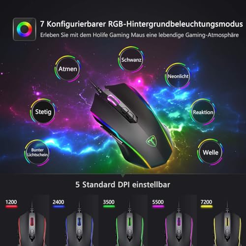 RGB Gaming Maus,Gamer Maus mit 8 Programmierbare Tasten 7200DPI/RGB-Beleuchtung/Anpassbare Spielprofile,USB-Wired mit ergonomisches Design für MMO, MOBA oder FPS Games für PC/Mac Bild 3