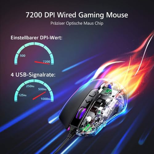 RGB Gaming Maus,Gamer Maus mit 8 Programmierbare Tasten 7200DPI/RGB-Beleuchtung/Anpassbare Spielprofile,USB-Wired mit ergonomisches Design für MMO, MOBA oder FPS Games für PC/Mac Bild 4