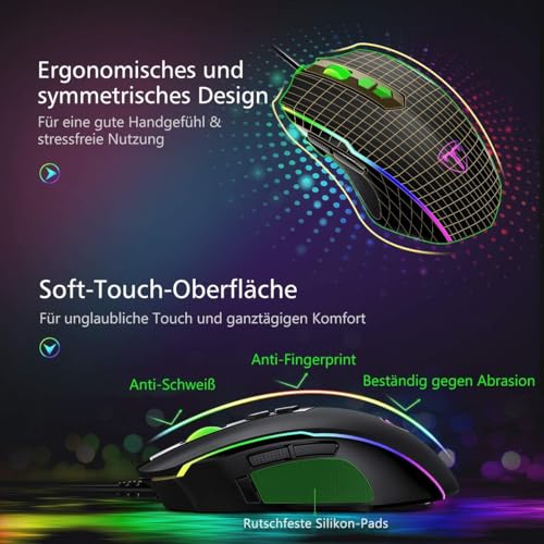 RGB Gaming Maus,Gamer Maus mit 8 Programmierbare Tasten 7200DPI/RGB-Beleuchtung/Anpassbare Spielprofile,USB-Wired mit ergonomisches Design für MMO, MOBA oder FPS Games für PC/Mac Bild 5