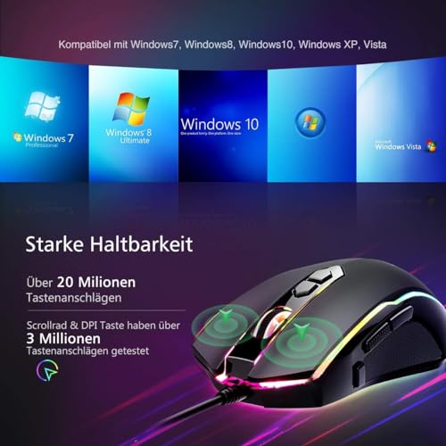 RGB Gaming Maus,Gamer Maus mit 8 Programmierbare Tasten 7200DPI/RGB-Beleuchtung/Anpassbare Spielprofile,USB-Wired mit ergonomisches Design für MMO, MOBA oder FPS Games für PC/Mac Bild 6