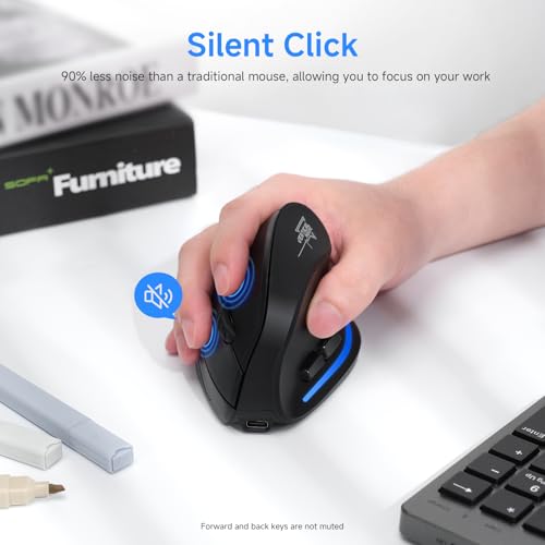 ECHTPower 2024 Update Ergonomische Maus, kabellos, 2,4 GHz, vertikale Maus, wiederaufladbar, kabellos, Rechtshänder, leise, 4800 DPI verstellbar, Schnittstelle Typ C für PC, Laptop, Computer, Mac, Bild 3