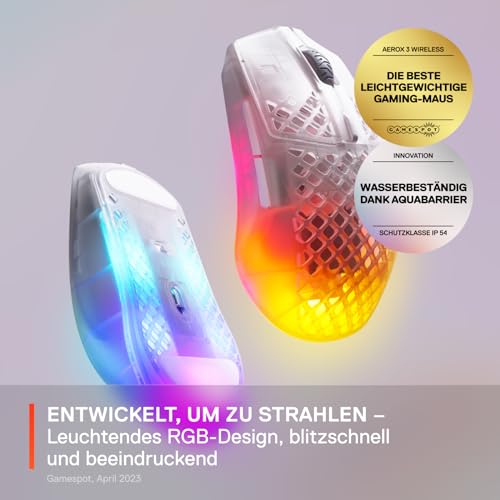 SteelSeries Aerox 3 Wireless - RGB Gaming Maus mit Öffnungen in der Oberfläche - Federleichtes, wasserabweisendes Design - Optischer TrueMove Air-Sensor mit 18.000 DPI - Ghost Bild 2