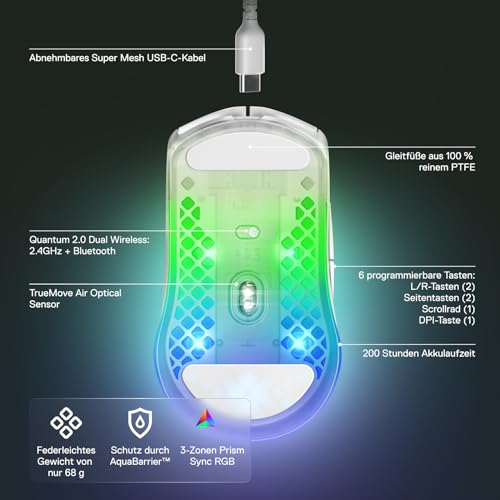 SteelSeries Aerox 3 Wireless - RGB Gaming Maus mit Öffnungen in der Oberfläche - Federleichtes, wasserabweisendes Design - Optischer TrueMove Air-Sensor mit 18.000 DPI - Ghost Bild 3