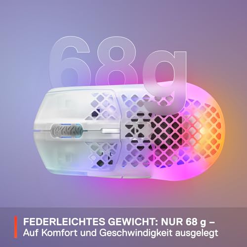 SteelSeries Aerox 3 Wireless - RGB Gaming Maus mit Öffnungen in der Oberfläche - Federleichtes, wasserabweisendes Design - Optischer TrueMove Air-Sensor mit 18.000 DPI - Ghost Bild 4