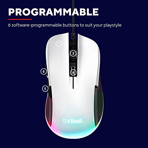 Trust Gaming GXT 922W Ybar Gaming Maus mit RGB LED-Beleuchtung, 200-7200 DPI, USB Kabel 2,1 m, Erweiterte Software, PC Maus mit 6 Programmierbare Tasten für Computer und Laptop - Weiß Bild 5