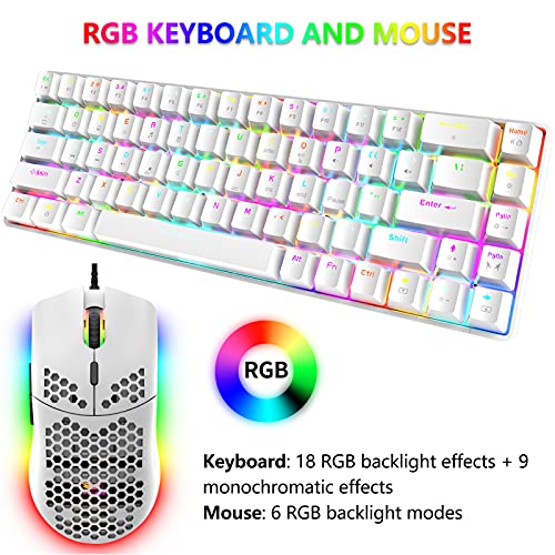 RGB Gaming Tastatur und Maus Set Klein, 68 Tasten Roter Schalter 60% Mini Chroma Mechanische Tastatur, 6400DPI Leichte Programmierbar Waben Maus, USB-Kabel, Kompatibel mit Windows Mac PS4, Weiß Bild 2