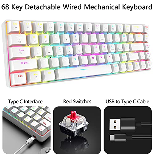 RGB Gaming Tastatur und Maus Set Klein, 68 Tasten Roter Schalter 60% Mini Chroma Mechanische Tastatur, 6400DPI Leichte Programmierbar Waben Maus, USB-Kabel, Kompatibel mit Windows Mac PS4, Weiß Bild 3